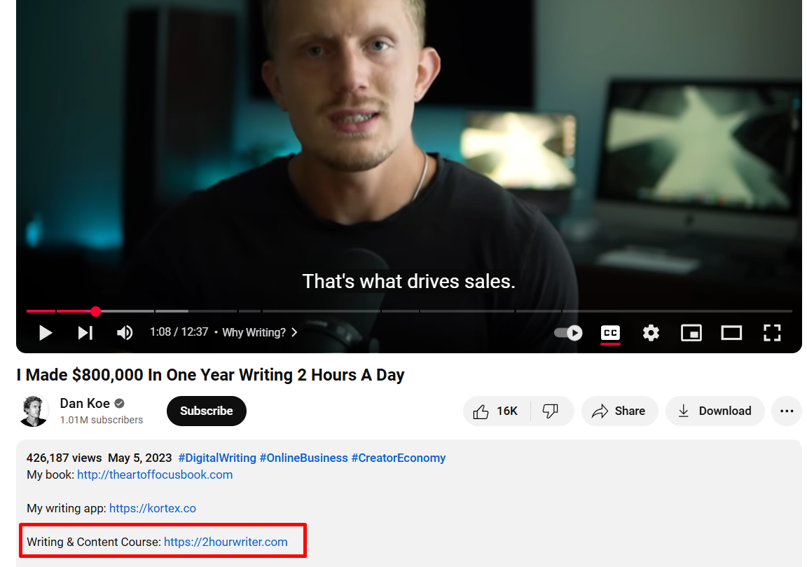 Dan Koe sells his “2-hour Writer” course through his YouTube channel