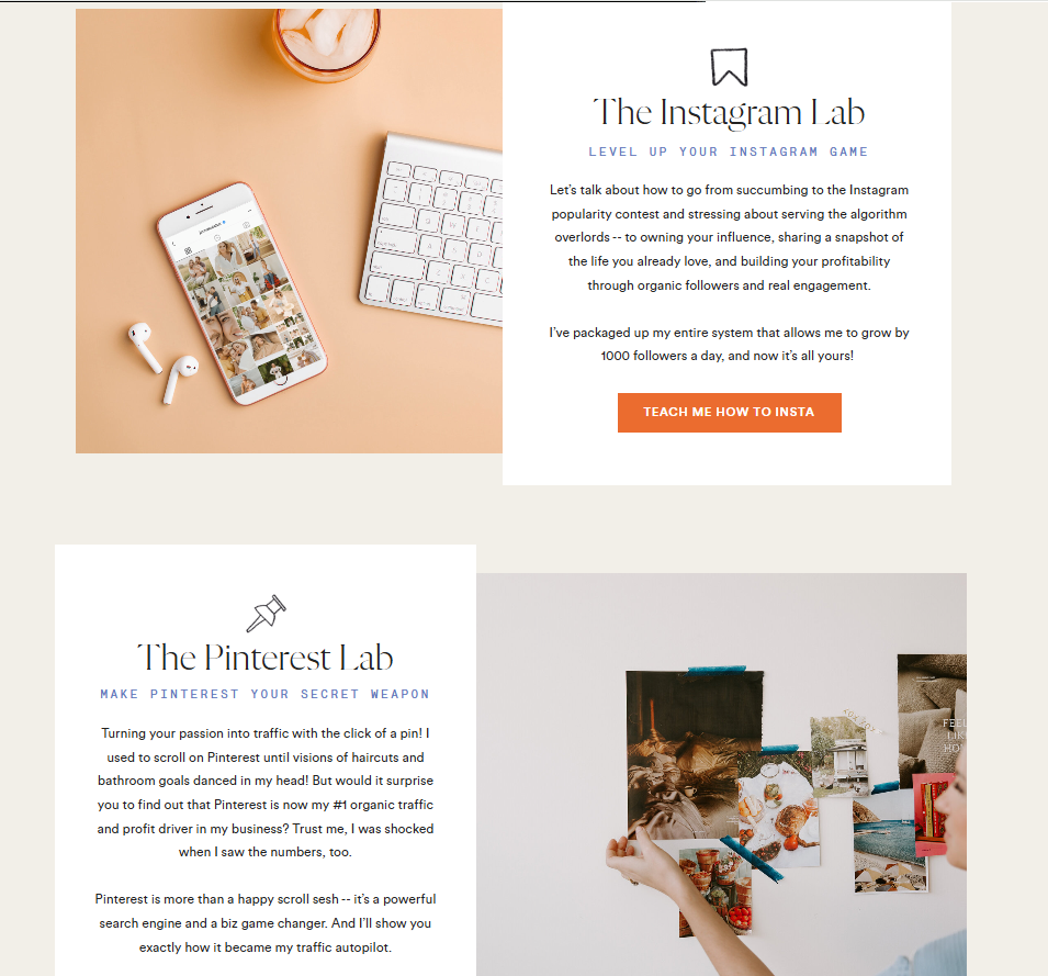 Jenna Kutcher’s course page includes courses like Instagram Lab, Pinterest Lab, etc