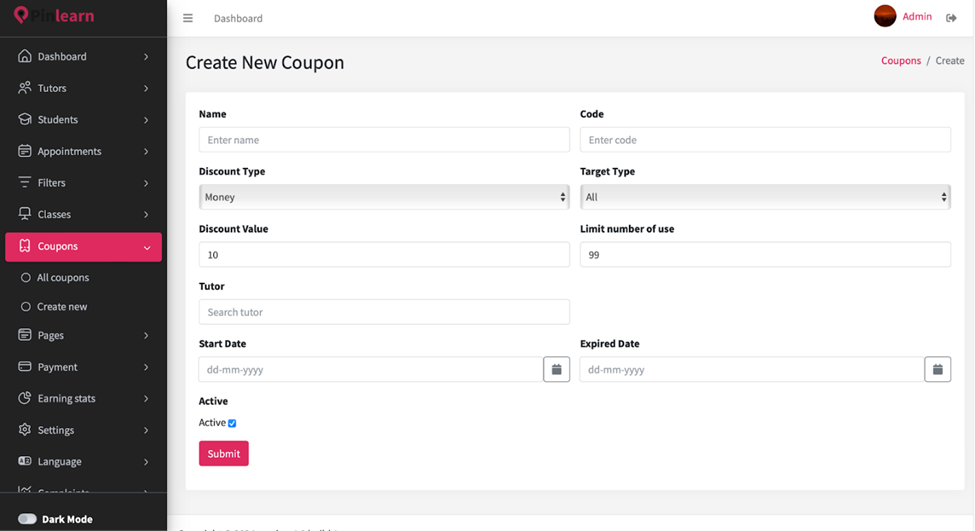 Admin can Create a Common Coupon Code