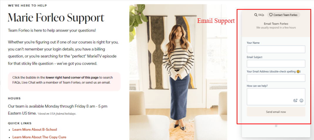 Customer Support for the Marie Forleo’s Website