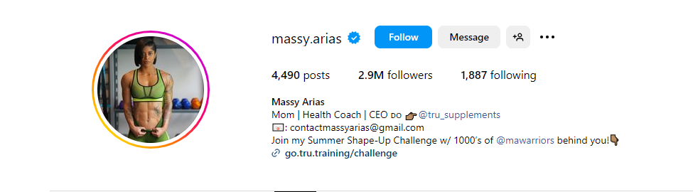 Massy Arias’s insta profile has a befitting profile picture and a compelling bio(full name, niche, brand sponsorships, ongoing training program, and contact information)
