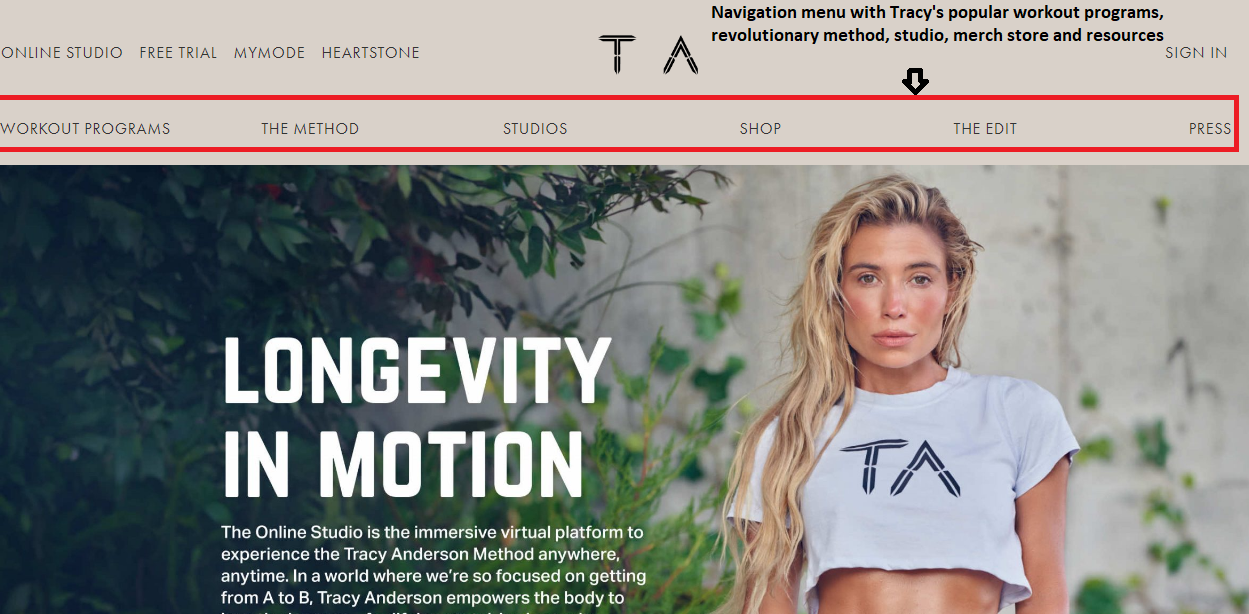 Tracy Anderson’s Official Website is easy-to-navigate, clean, user-friendly, and and is an exemplary in branding