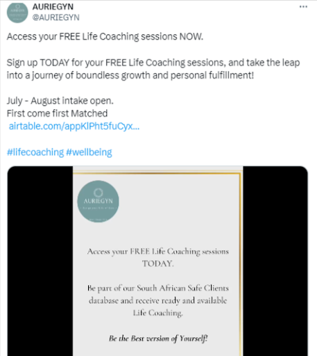 AurieGyn promotes her life coaching session with an exclusive X post.