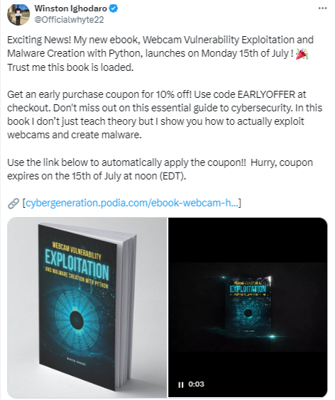 Winston Ighodaro promotes his ebook on Cybersecurity with an early purchase coupon creating pre-launch hype with this exclusive X post