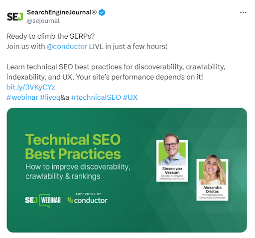 Search Engine Journal promotes an upcoming webinar with a social post on X