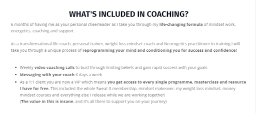 Here’s what her VIP coaching session offers: video coaching calls, personalized messaging, masterclasses, resources.