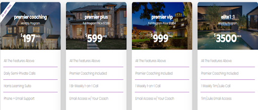 Different Real Estate Coaching Programs: Premier, Premier Plus, Premier VIP, Elite 1:1