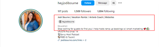 Here, Jodi Bourne makes her offering granularized with a super-specific niche like a vacation rentals/ Airbnb coach. 