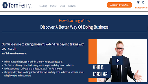 Tom Ferry's official website provides an overview of his 23-year expansive career and unique coaching methodology. It includes sections for coaching and training programs, coaching events, resources, and more. The resources section includes blogs, webinars, podcasts, tools, and more. 