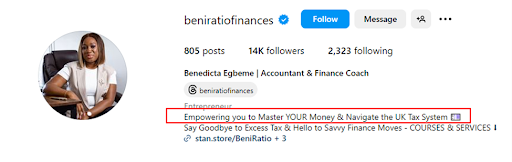 Benedicta's tagline clearly captures her mastery with money management and tax planning.