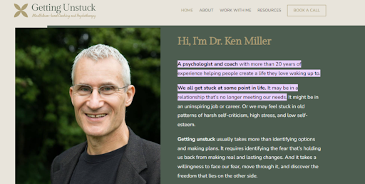 Dr.Ken Miller official website is warm and welcoming and has all the essential pages and coaching resources. It also allows users to book coaching calls from the website.