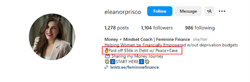 Eleanor Prisco includes her financial struggle of paying $56K debt as USP in her social bio.