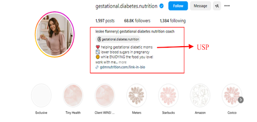 Leslee Flannery clearly states her unique business proposition — helping gestational diabetic nutrition clients in her bio. 