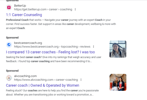 SERP results on the different career coaches offering services in diverse niches