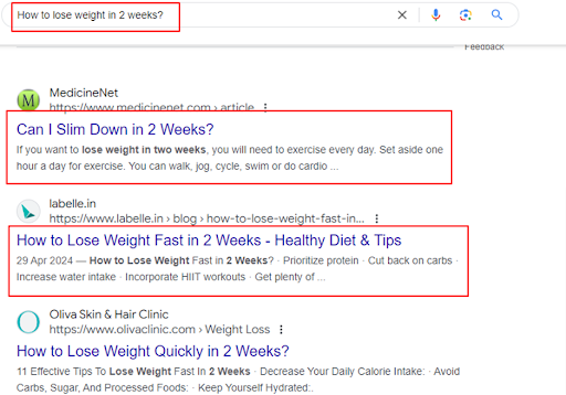 SERPs  for "How to lose weight in 2 weeks?"