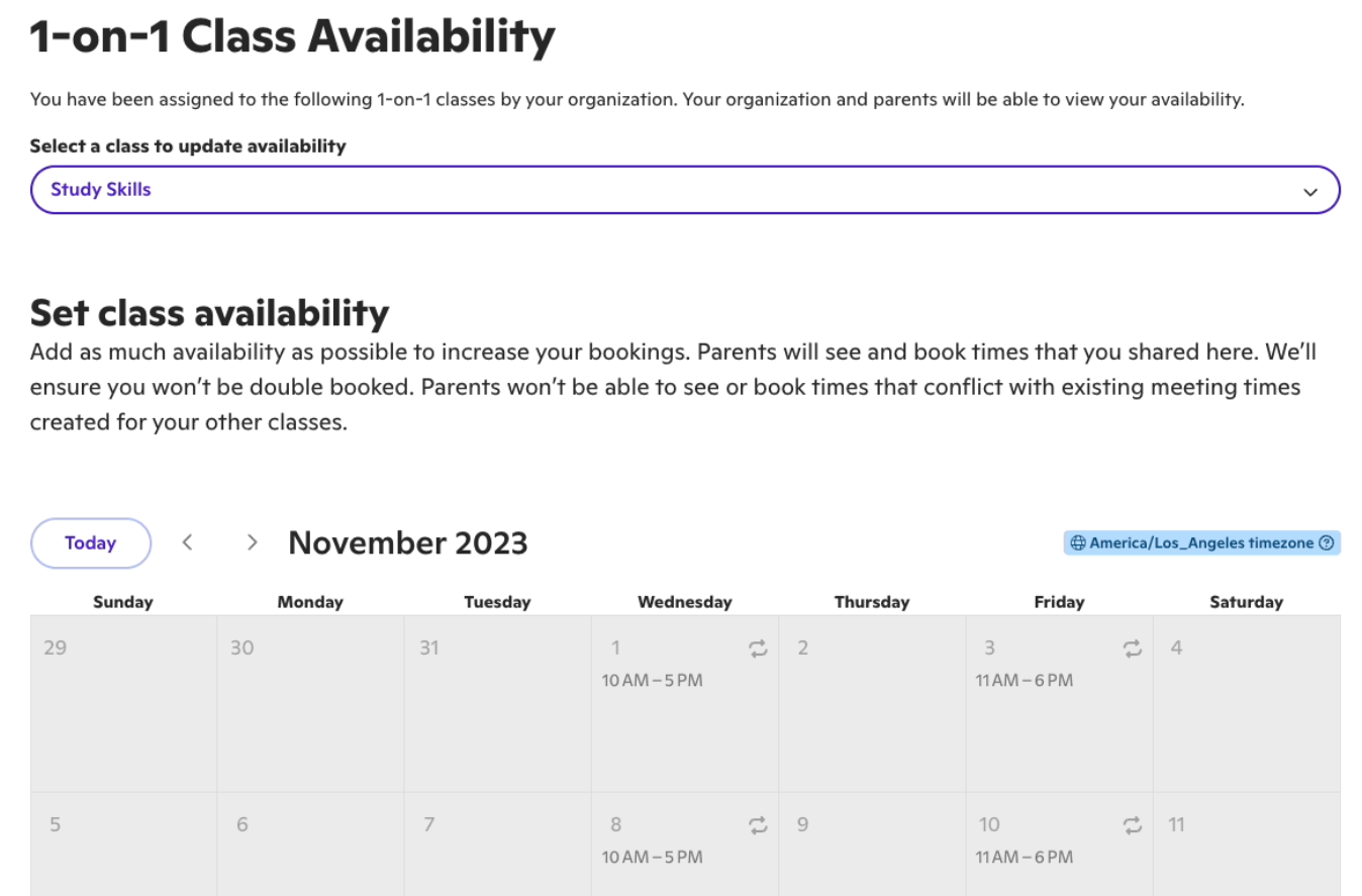 1-on-1 Class Availability