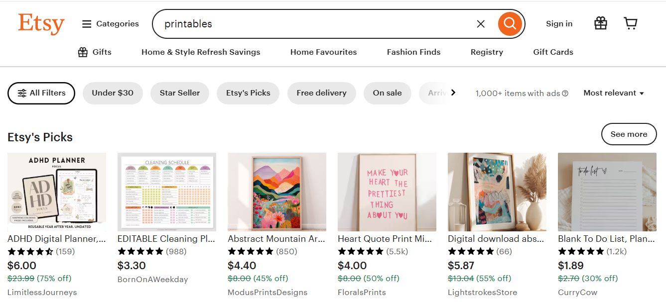 Etsy is an excellent marketplace to sell your different kinds of printables 