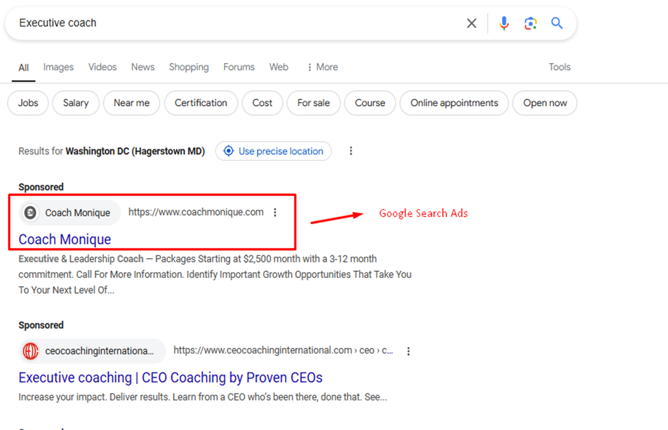 Google Search Ads for the keyword executive coaching