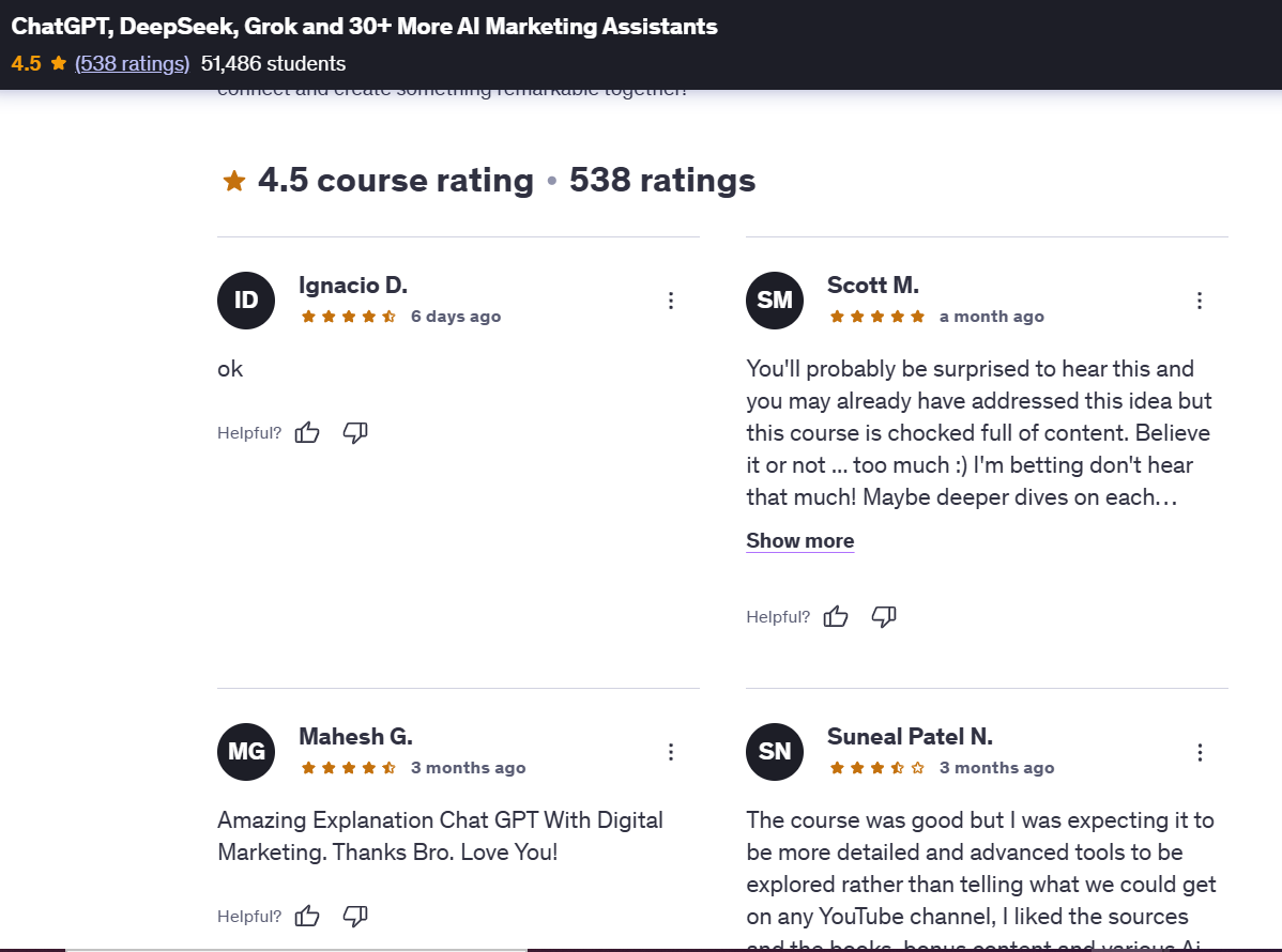 Student testimonials on Specific Course pages