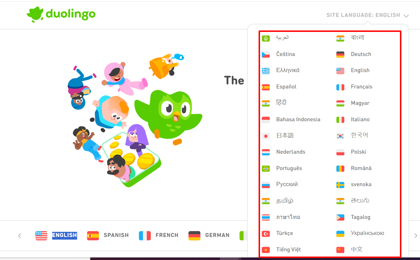 Duolingo supports 40 languages and offers easy language toggling