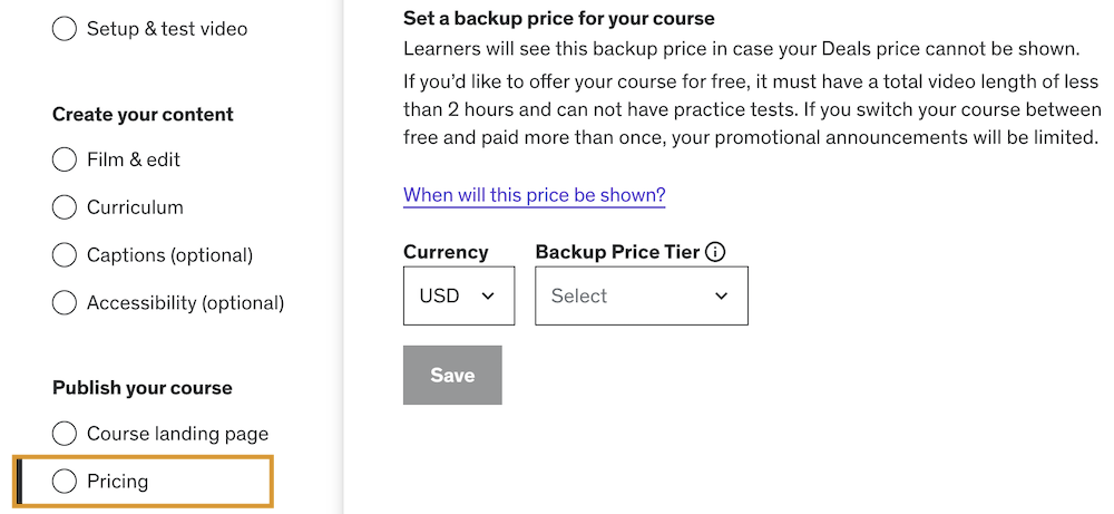 Setting Backup Course Price on Udemy Deals Program