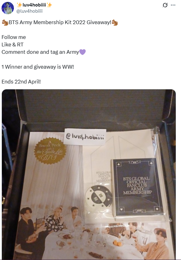 BTS Army’s Membership Site’s Social Media Giveaway Post on X