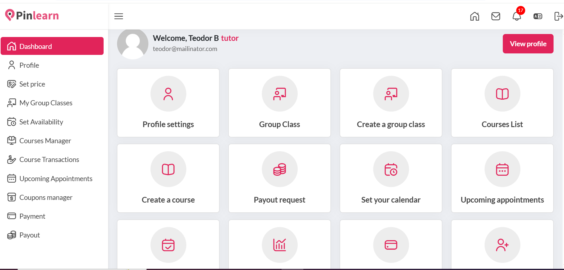 Pinlearn dashboard for tutors