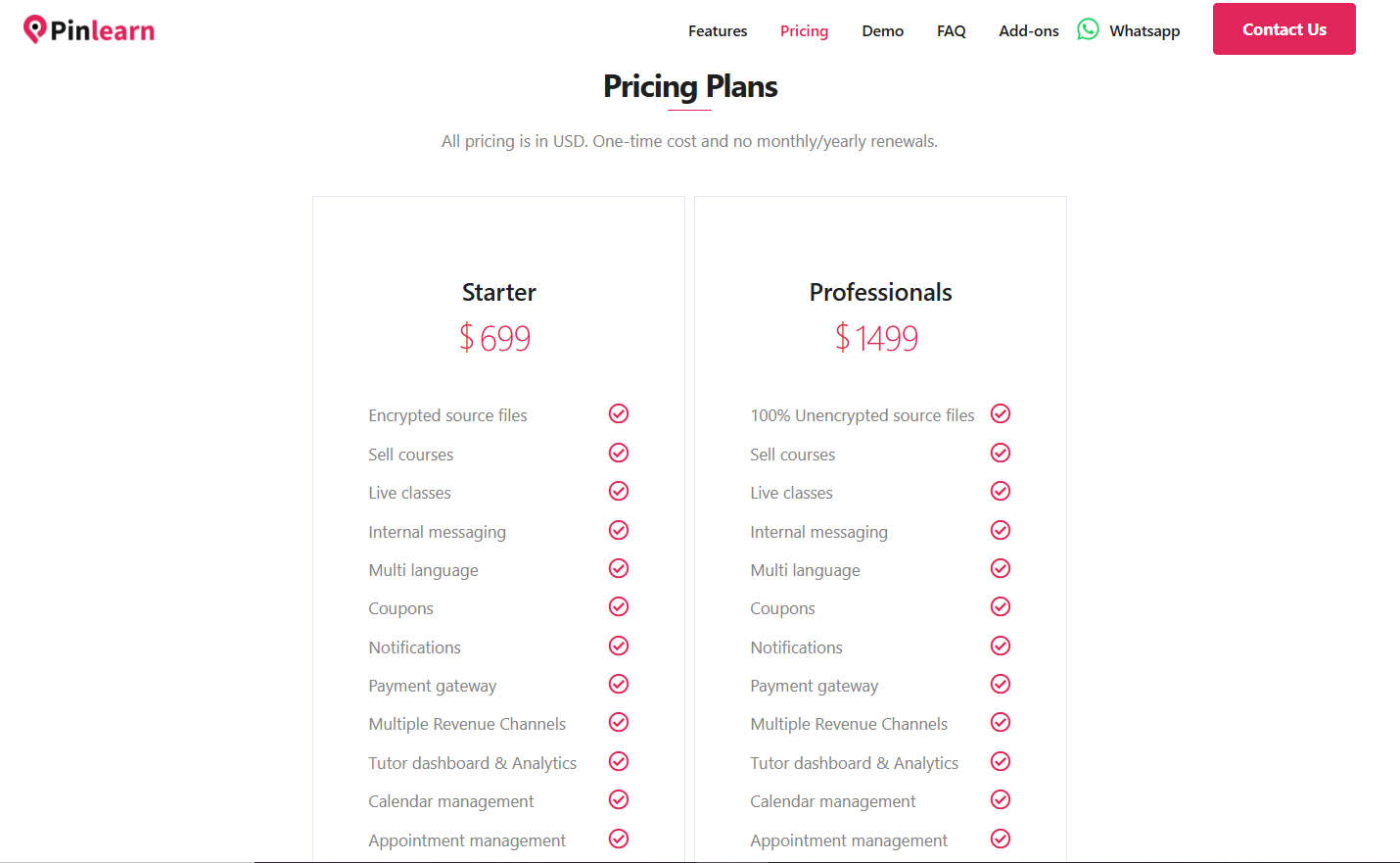 Pinlearn Pricing Plans – One-Time Cost White-Label Tutoring Software Packages for $699 and $1499