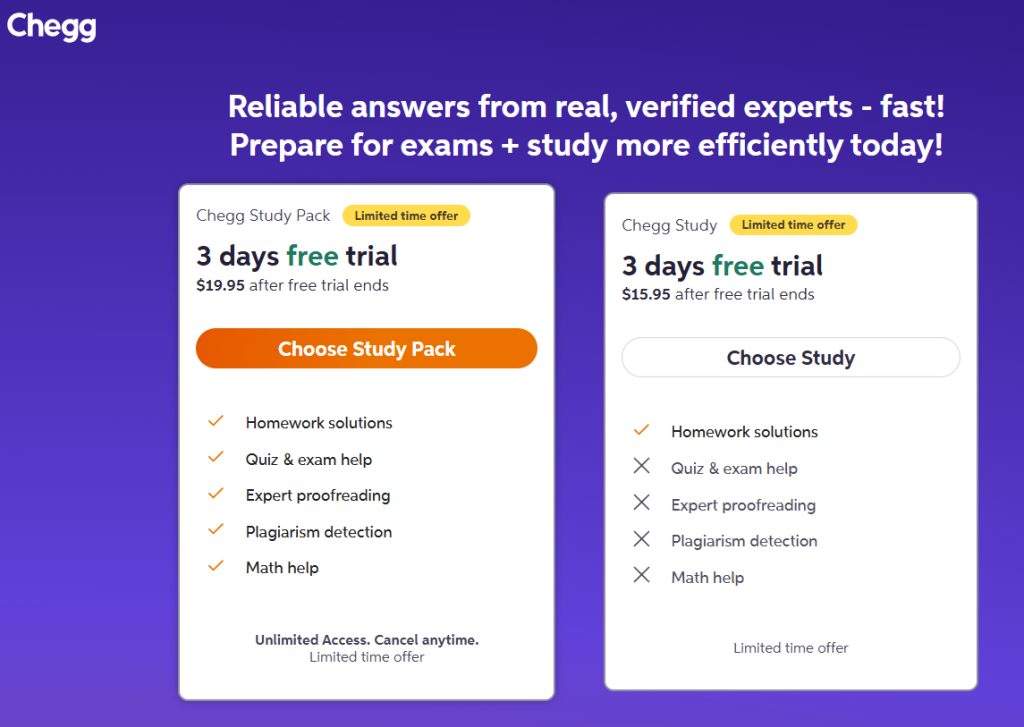 Chegg subscription plans comparison showing two pricing options