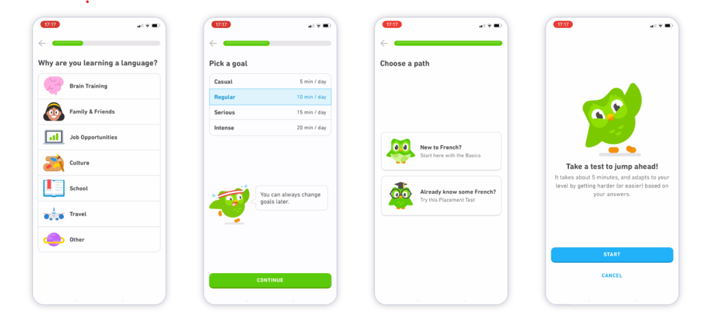 Duolingo onboarding flow showing language selection, learning goals, placement test, and personalized learning setup screens.