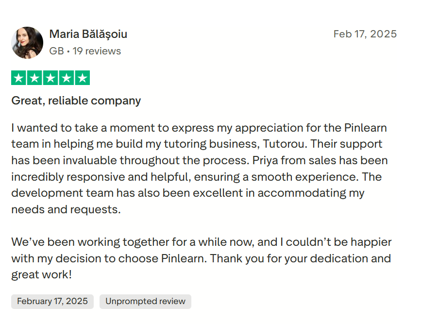 Customer review for Pinlearn tutoring software praising reliable support and smooth development experience