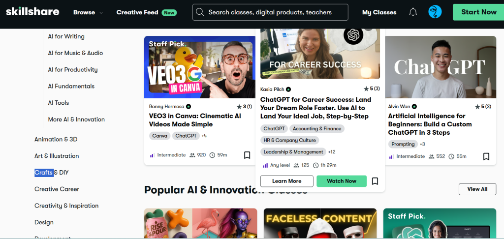 Online courses displayed on Skillshare homepage