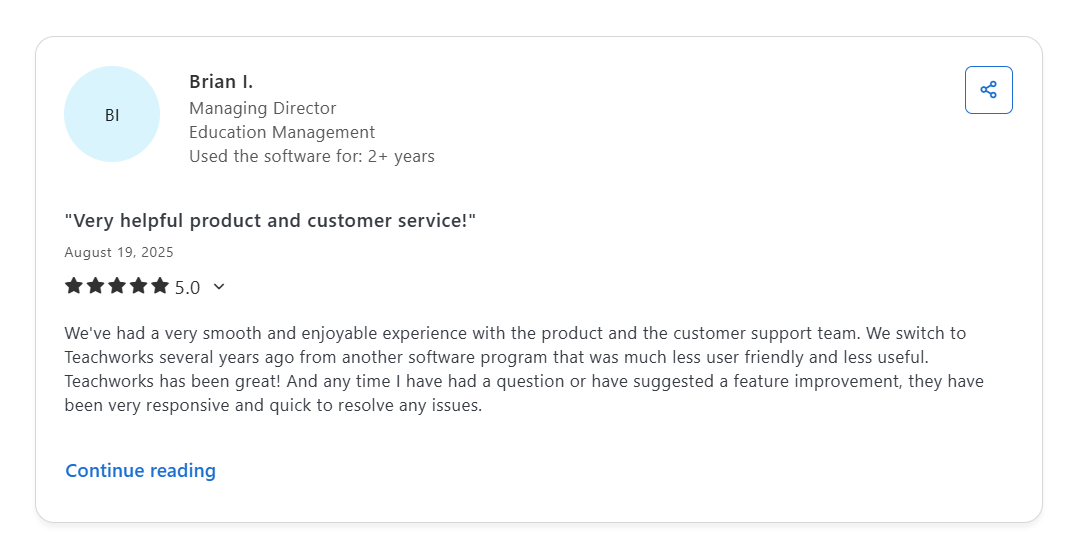 Customer review of Teachworks tutoring software highlighting scheduling, billing, and student management features