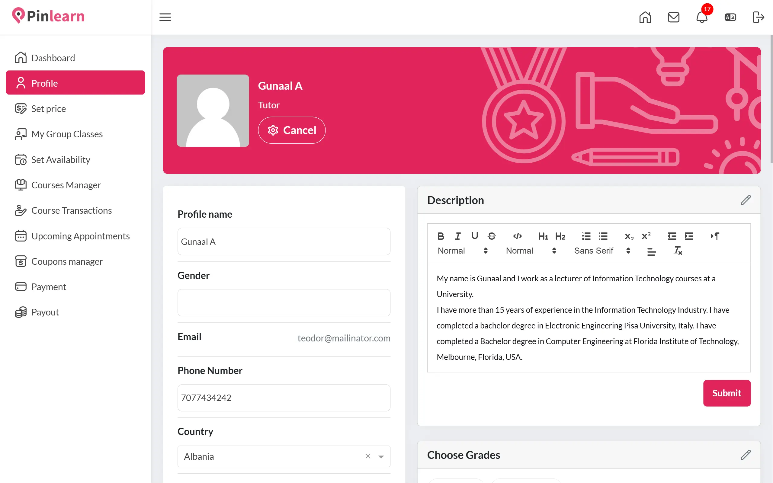 Instructor Dashboard from Pinlearn