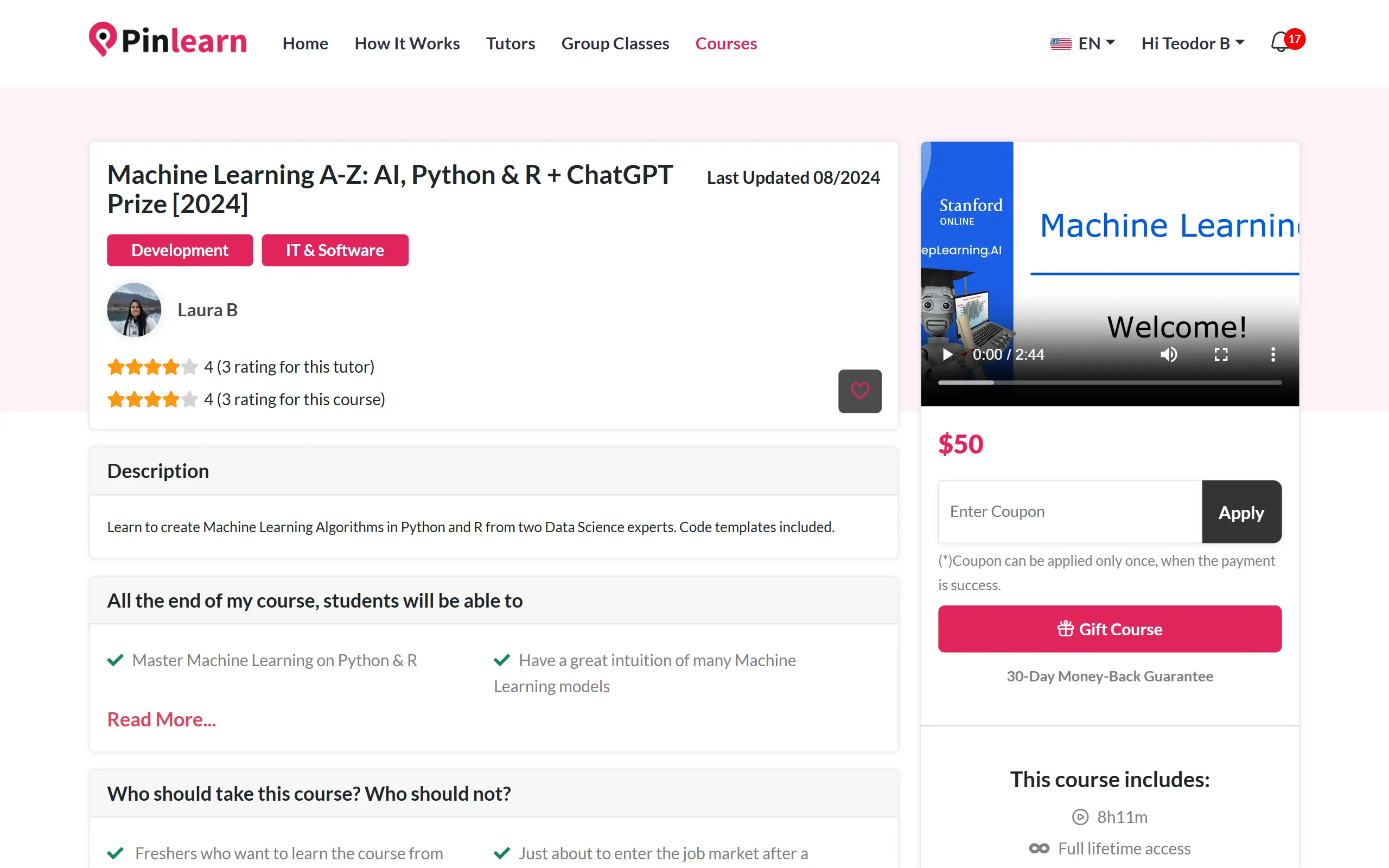Student Dashboard from Pinlearn
