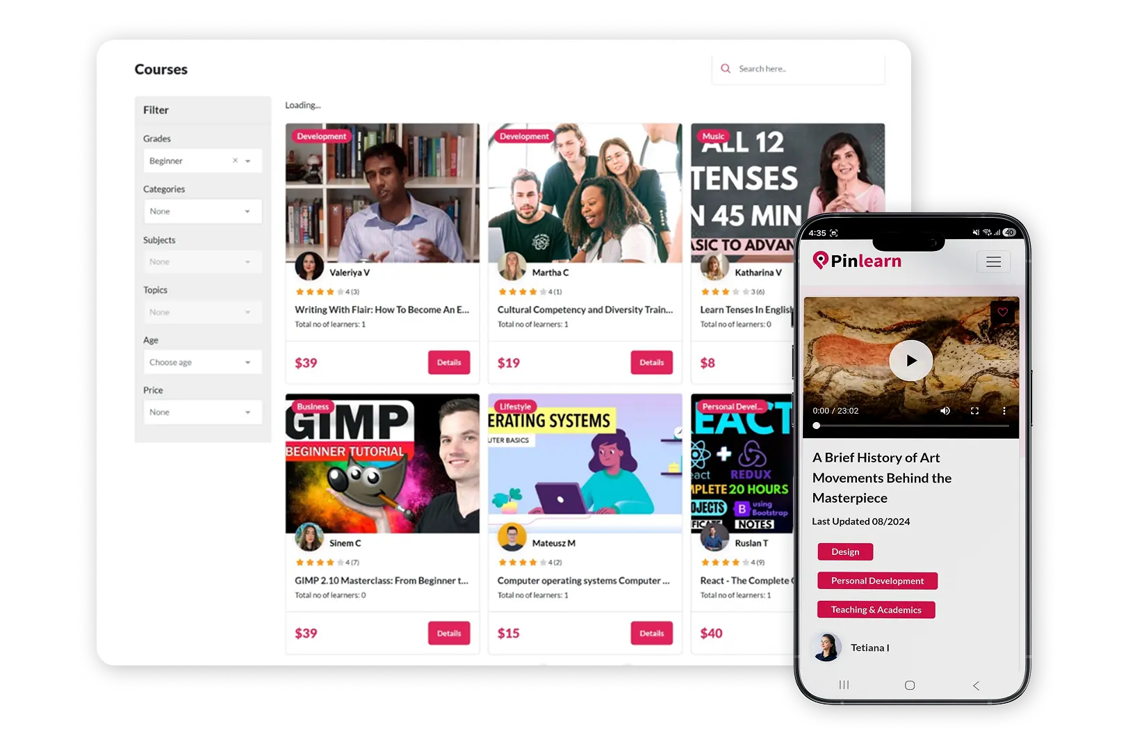 user dashboard for Udemy clone