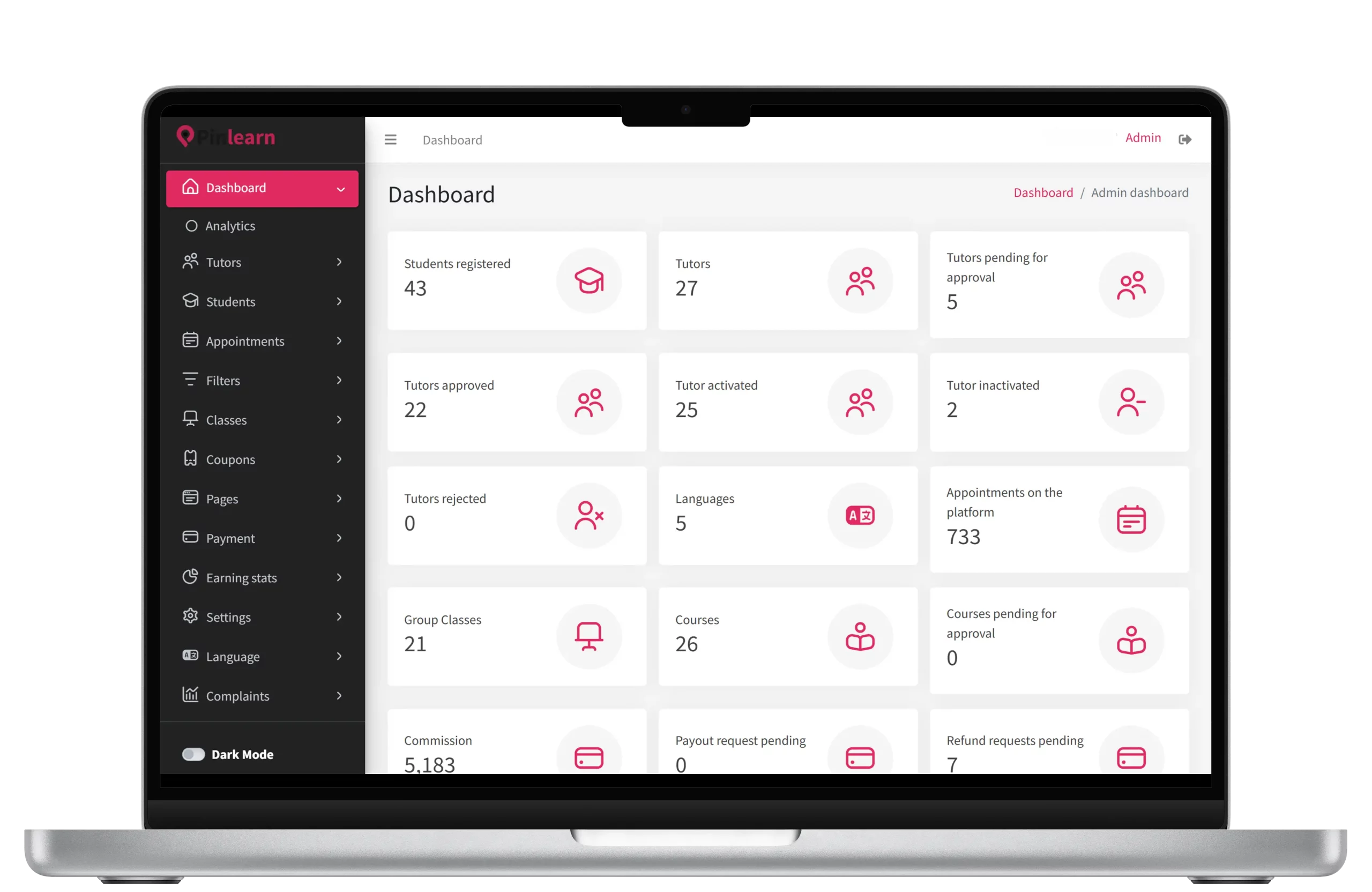 Pinlearn Coursera clone admin panel dashboard interface
