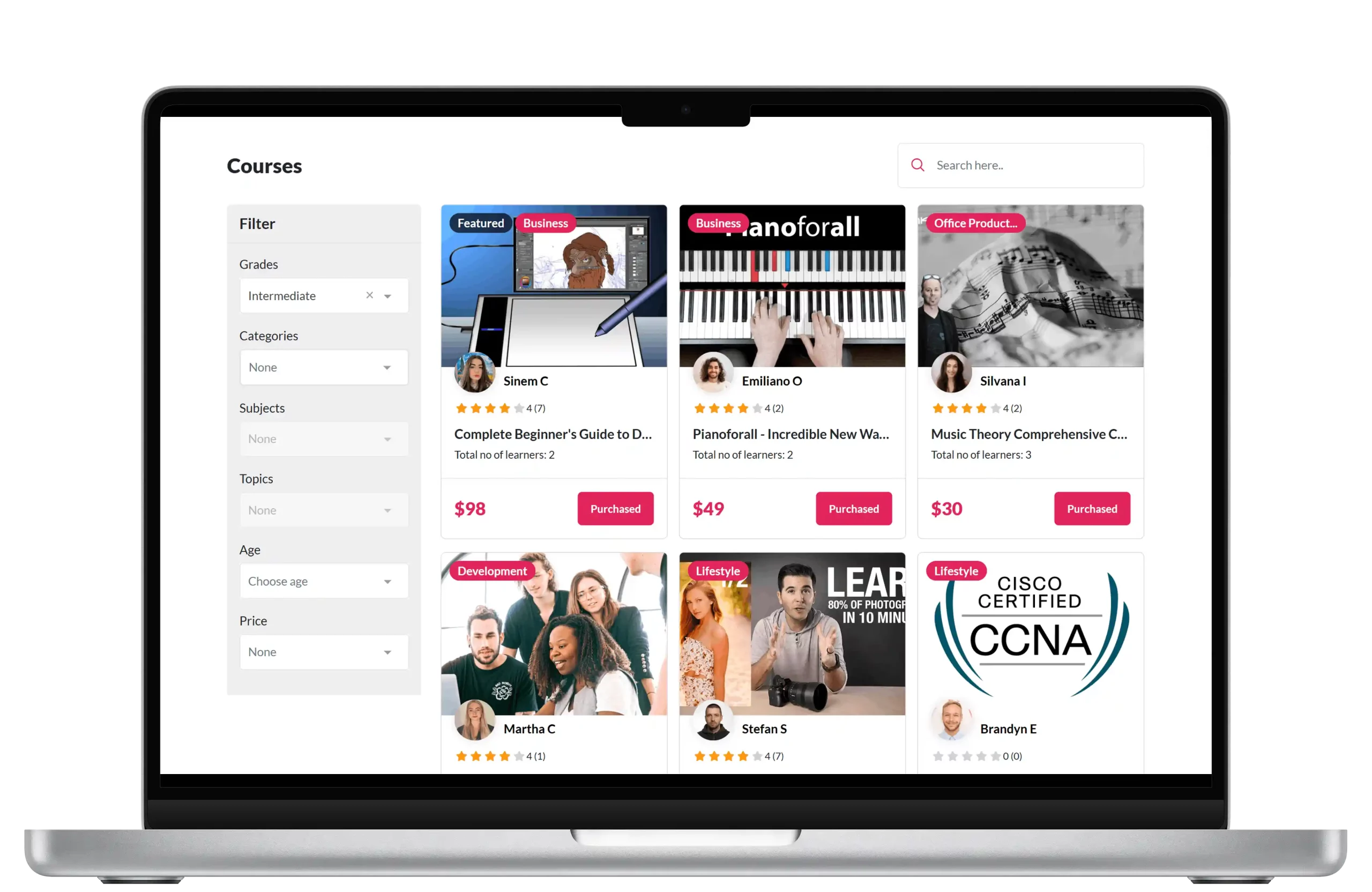 Student dashboard of Coursera clone eLearning platform