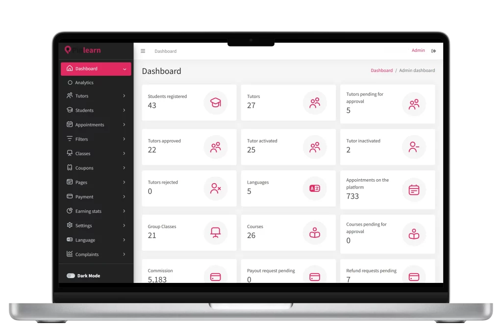 Admin dashboard with platform management in Byju’s clone