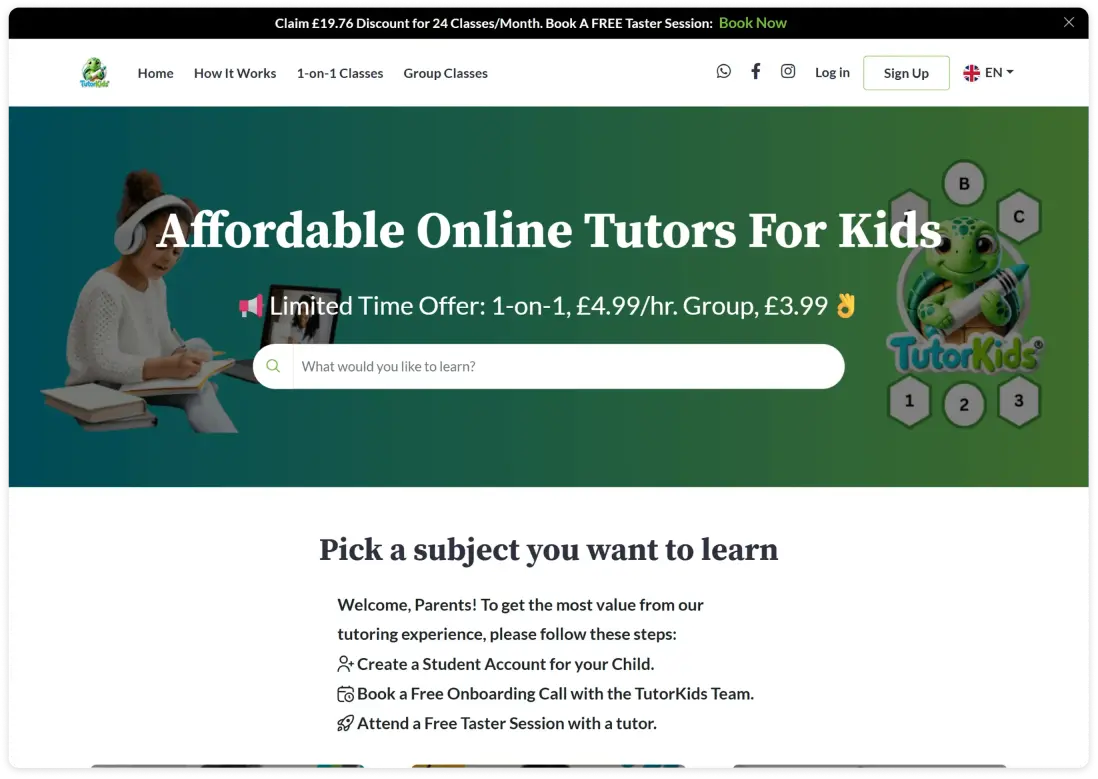 Tutorkids e-learning platform built with Pinlearn