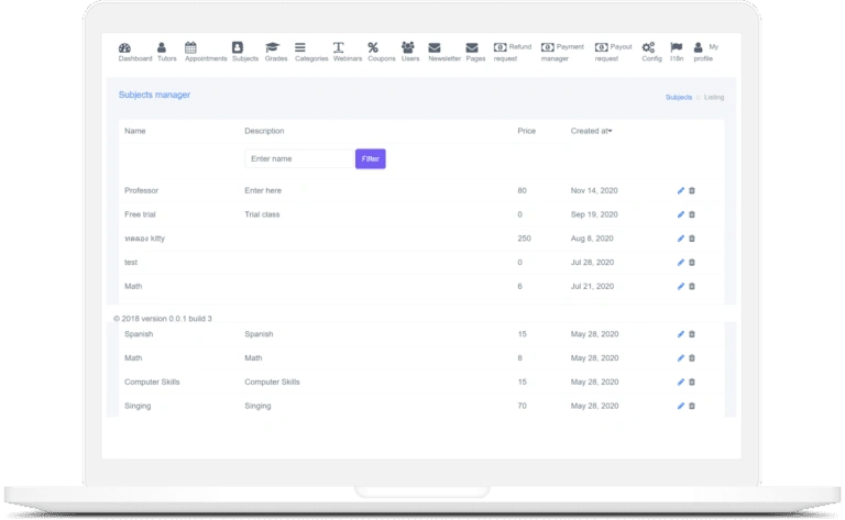 Admin dashboard of tutor management software