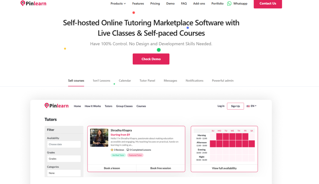 Pinlearn white label tutoring marketplace software with live classes