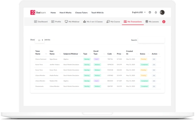 Student dashboard of tutor management software