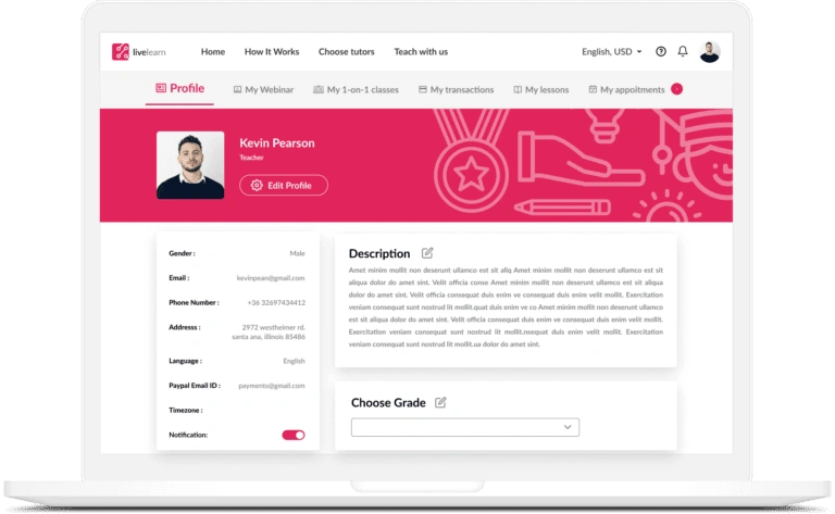 Tutor dashboard of tutor management software